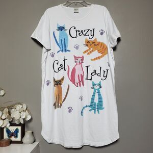 Vintage Crazy Cat Lady Sleep Shirt White One Size Cotton Rel-e-vant Products 90s